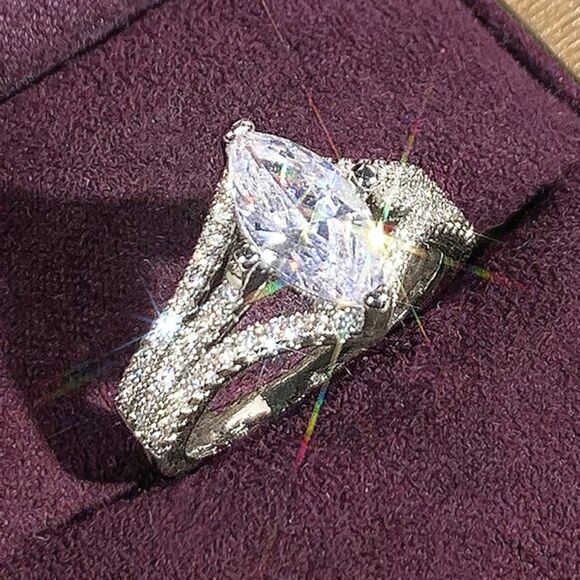 3Ct Marquise-Cut White Sapphire Halo Ring – Split Shank, 14K White Gold Plated - Picture 15 of 15